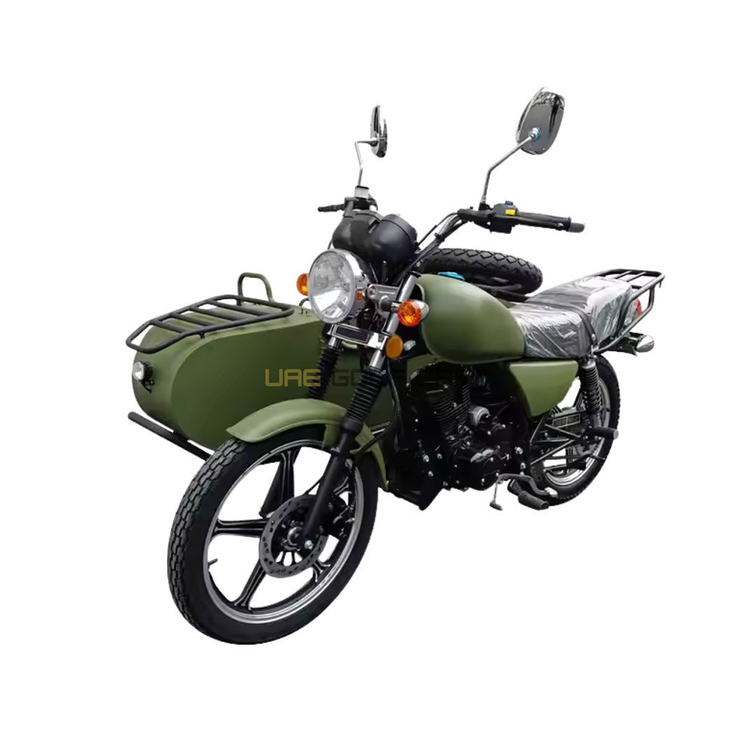 200cc Off‑Road Three‑Wheeled Motorbike with Sidecar, 90 km/h Max Speed, 12L Fuel Tank, 3‑Passenger - Electric Motorbikes & Mopeds - Close Up | UAE Golf Cart