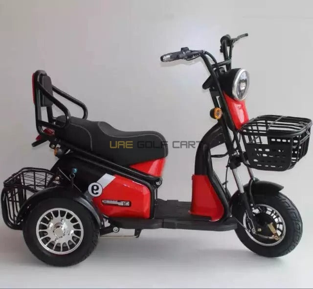 3-Wheel Electric Scooter with Dual Seats and Basket - Electric Motorbikes & Mopeds - Close Up | UAE Golf Cart