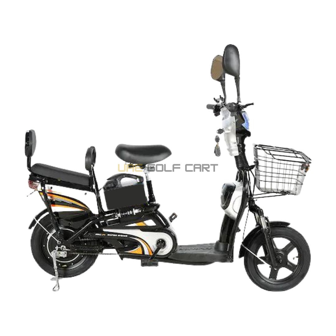 500W Electric Bike with 48V 12Ah Battery, 14 Inch Tires, Grocery Basket, Pedal Assist - Offroad Recreation - Electric Grocery Bike - Close Up | UAE Golf Cart