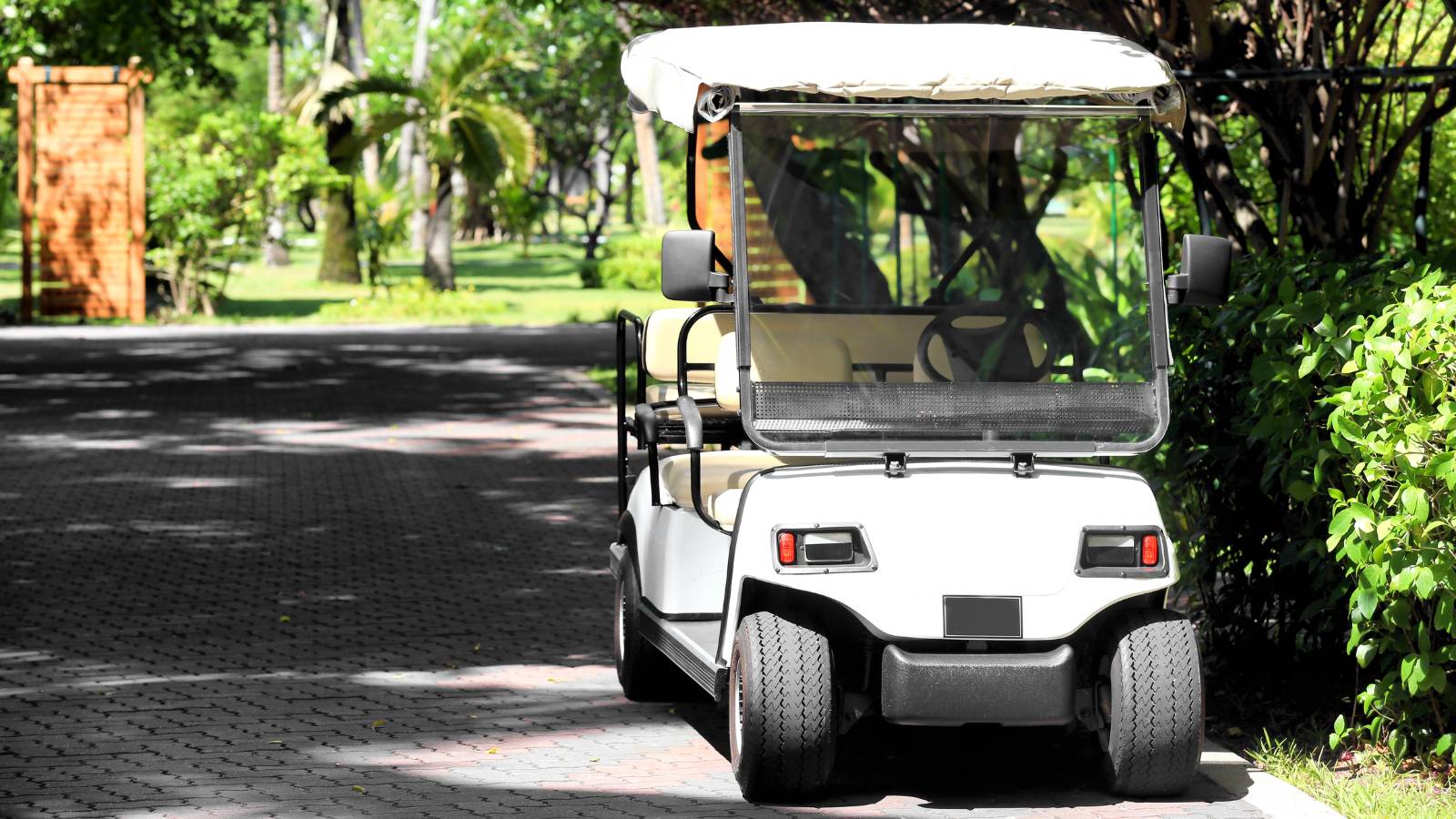 White golf cart on a paved path in a park-like setting with trees and greenery.