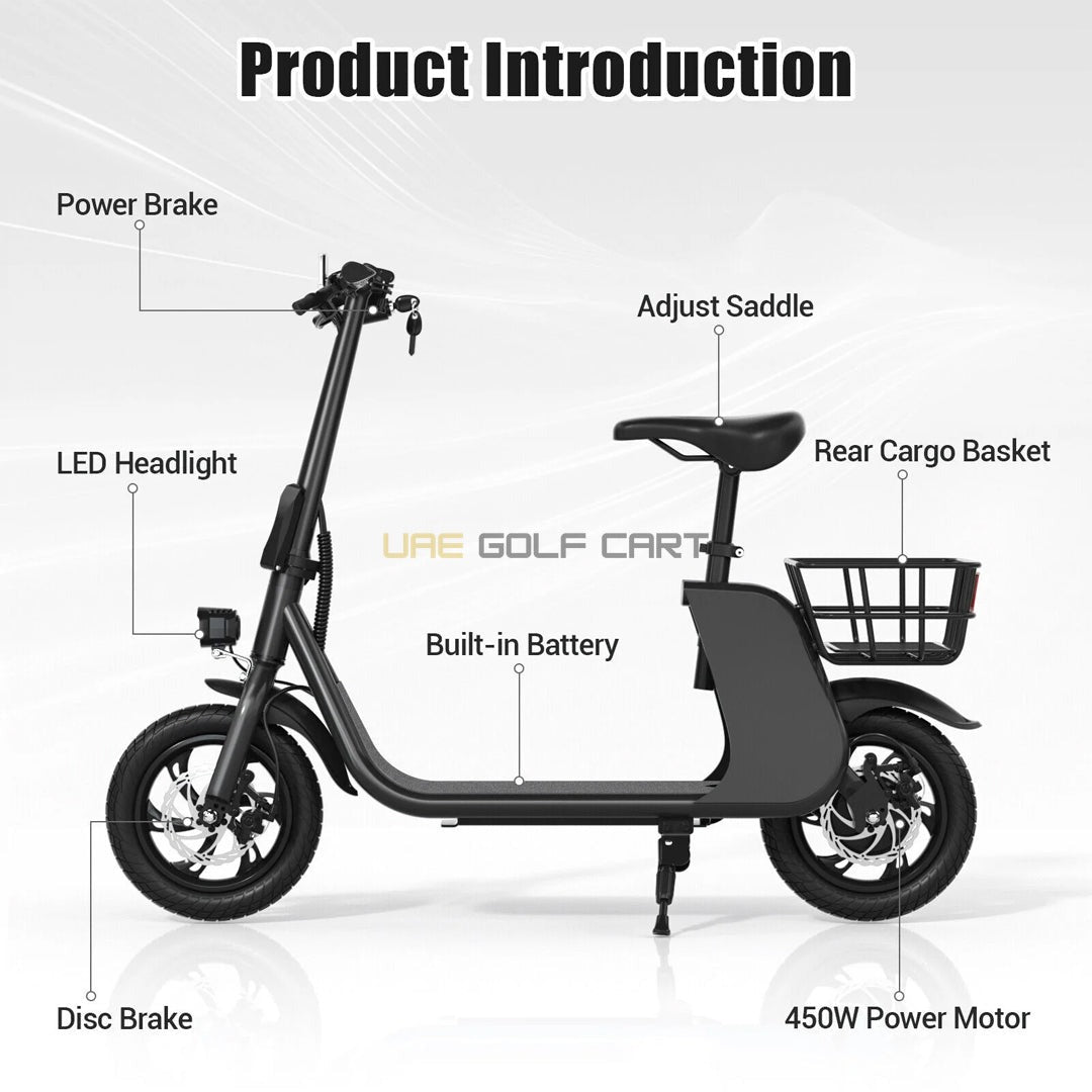 Electric Scooter 36V 450W Foldable with Seat and Basket - 35 MPH, 20 Mile Range, 265 lb Load - Electric Bikes - Photo 4 | UAE Golf Cart