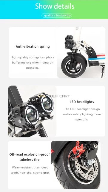Foldable 48V 1200W LED Electric Scooter with Seat, 10Ah Battery, 65 km/h Max Speed, Double Disc Brakes - Foldable Electric Scooters - Photo 18 | UAE Golf Cart