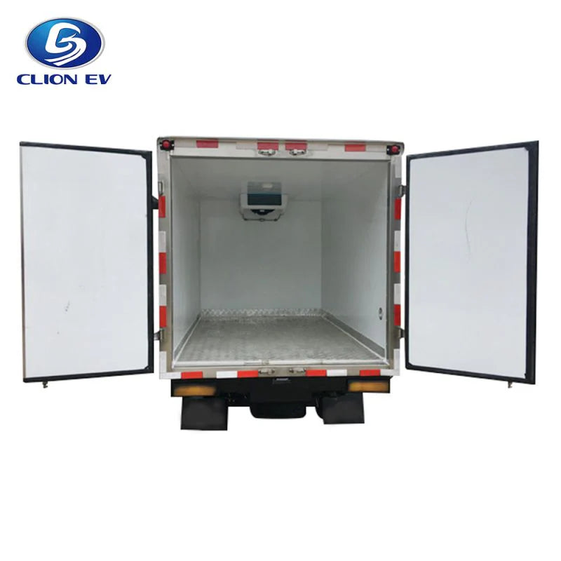 UAE golf cartz rear view studio shot of a white electric refrigerated truck with the double cargo doors fully open, set against a white background. The image clearly shows the empty, insulated cargo box interior with the refrigeration unit mounted near the roof, highlighting the large, temperature-controlled storage space for cold chain delivery and commercial use.