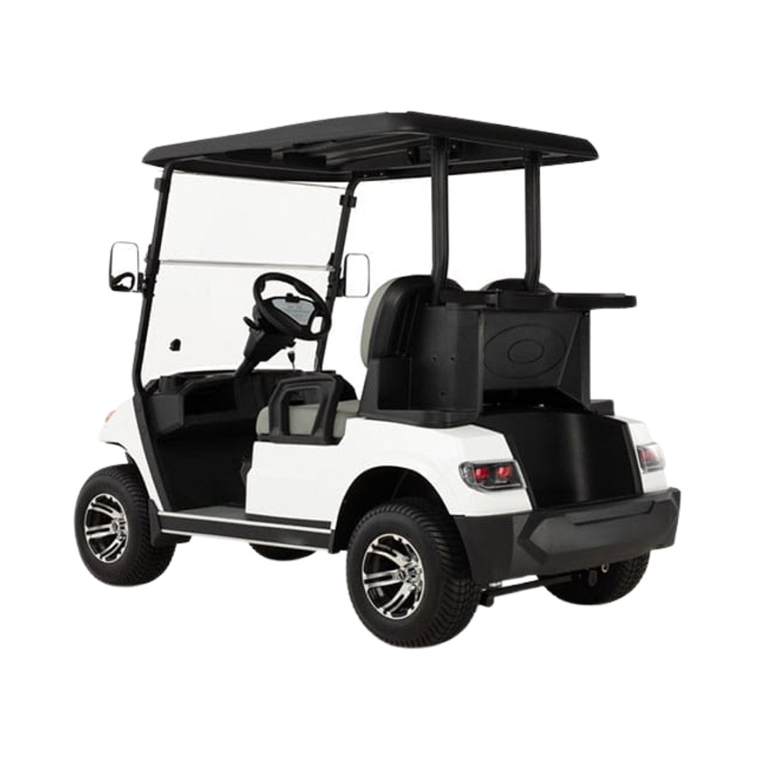 UAE golf cartz rear three-quarter studio shot of a white four-seater golf cart with a black roof, set against a pure white background. This electric vehicle features light gray and black seats, a black rear cargo area with a storage cover, and distinctive horizontal LED taillights. The lifted golf cart is equipped with all-terrain tires and custom black and chrome wheels, highlighting its stylish and contemporary design.