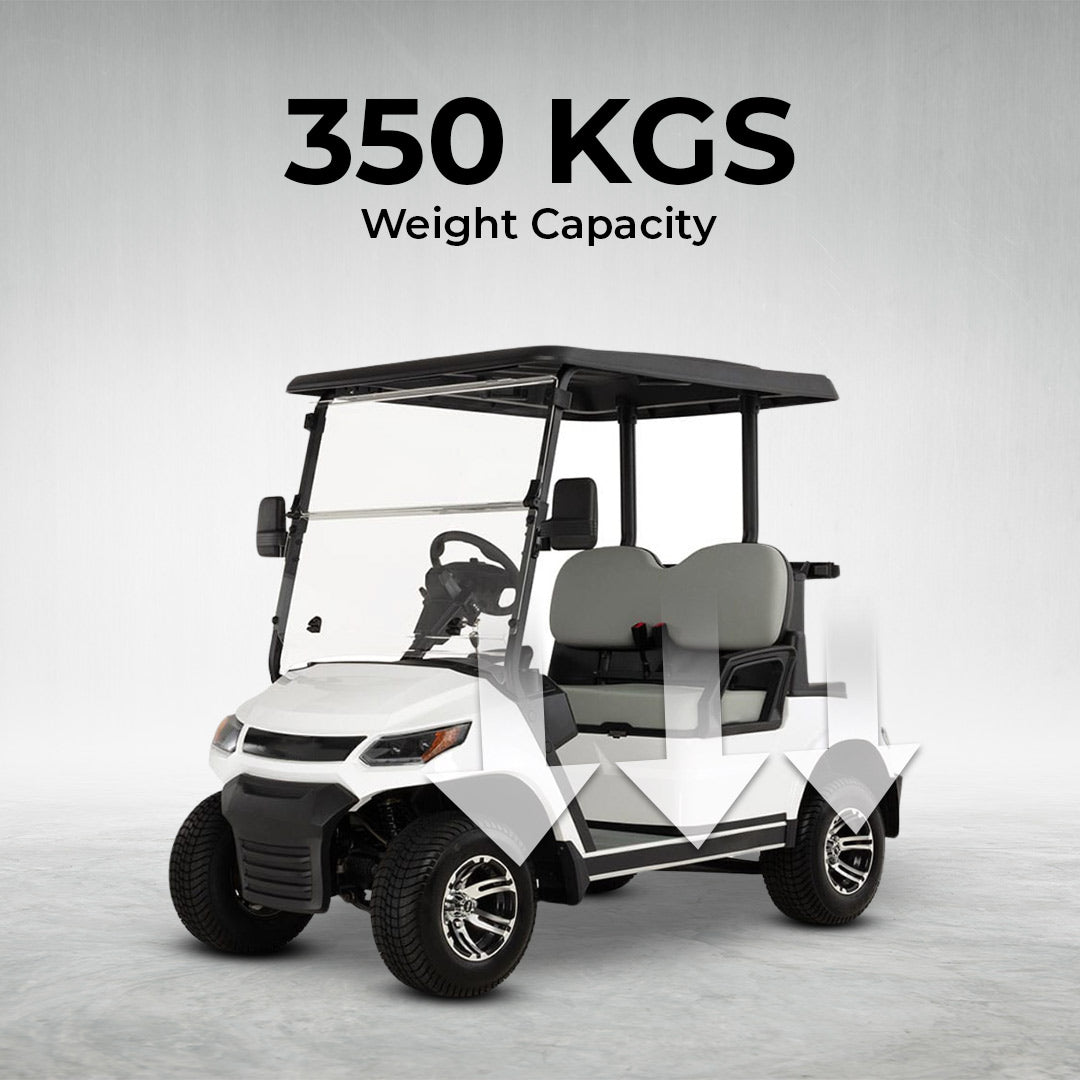 UAE golf cartz promotional image of a white four-seater golf cart with a black roof, featuring the specification "350 KGS Weight Capacity" in bold text above the vehicle. This electric vehicle has light gray seats, a full windshield, and a modern front design. The image highlights the cart's ruggedness with all-terrain tires and custom black and chrome wheels, emphasizing its load capacity as a key feature.