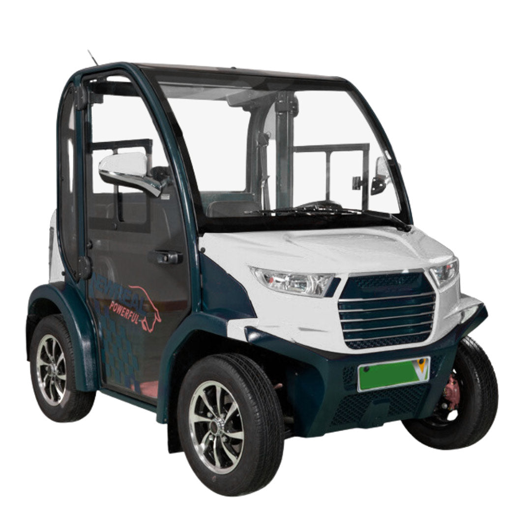 UAE golf cartz three-quarter front studio shot of a compact electric vehicle with a fully enclosed cab, set against a white background. This two-seater passenger cart is colored white and a dark teal or green-blue, featuring large windows and doors for all-weather use. The electric car has a modern front fascia and small alloy wheels, making it an ideal low-speed neighborhood electric vehicle or NEV.