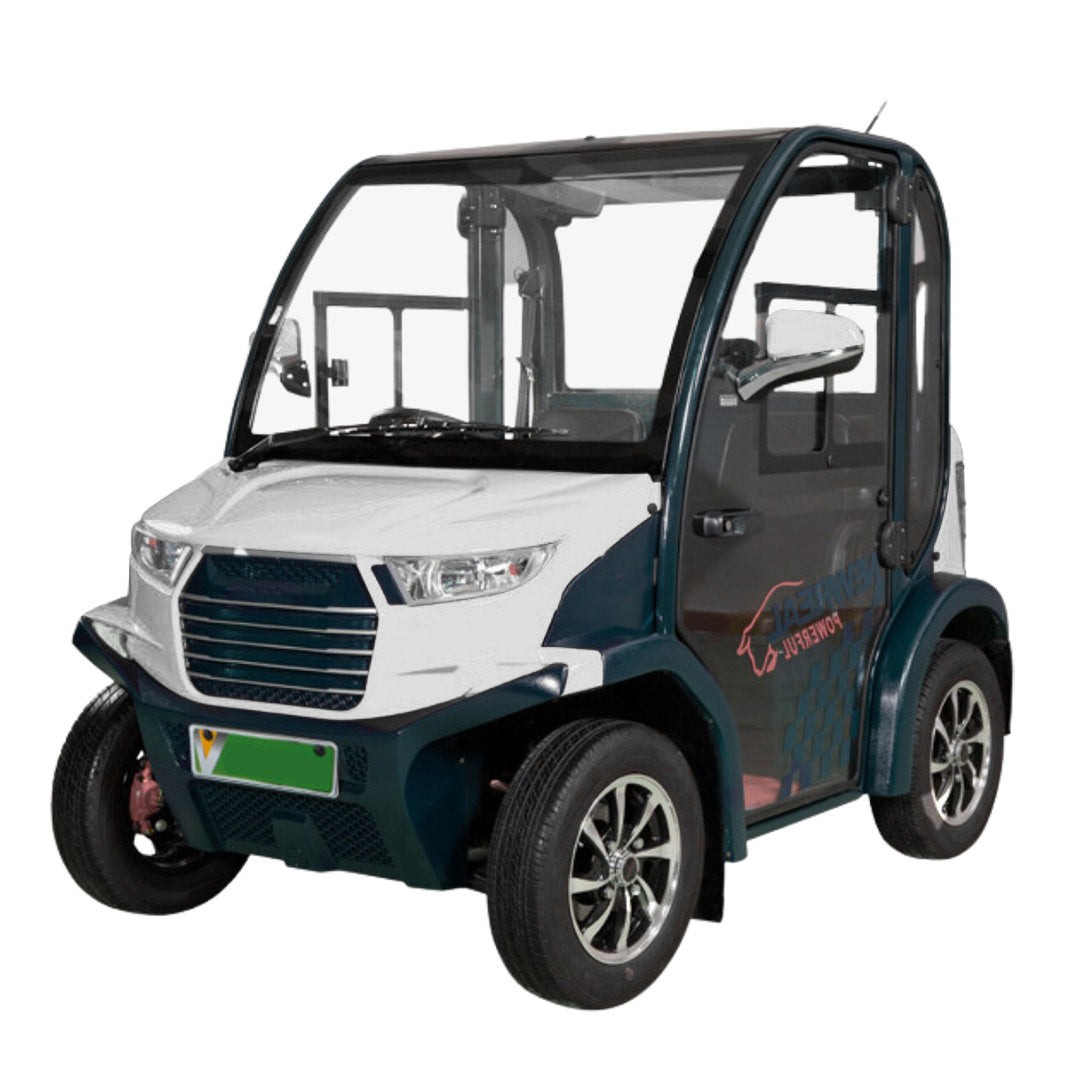 UAE golf cartz three-quarter front studio shot of a compact electric vehicle with a fully enclosed cab, set against a white background. This two-seater passenger cart is colored white and a dark teal or green-blue, featuring large windows and doors for all-weather use. The electric car has a modern front fascia and small alloy wheels, making it an ideal low-speed neighborhood electric vehicle or NEV.