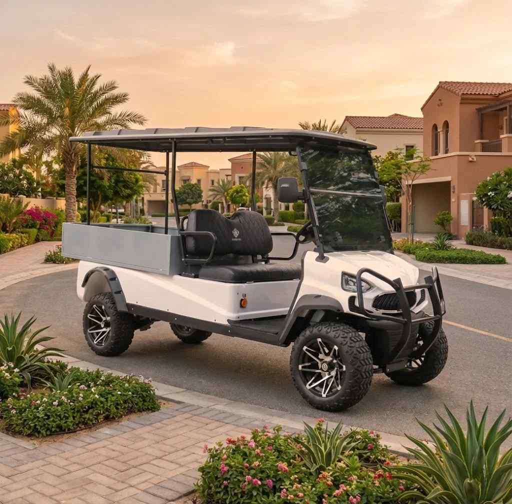 White golf cart on a residential street with palm trees and houses in the background.