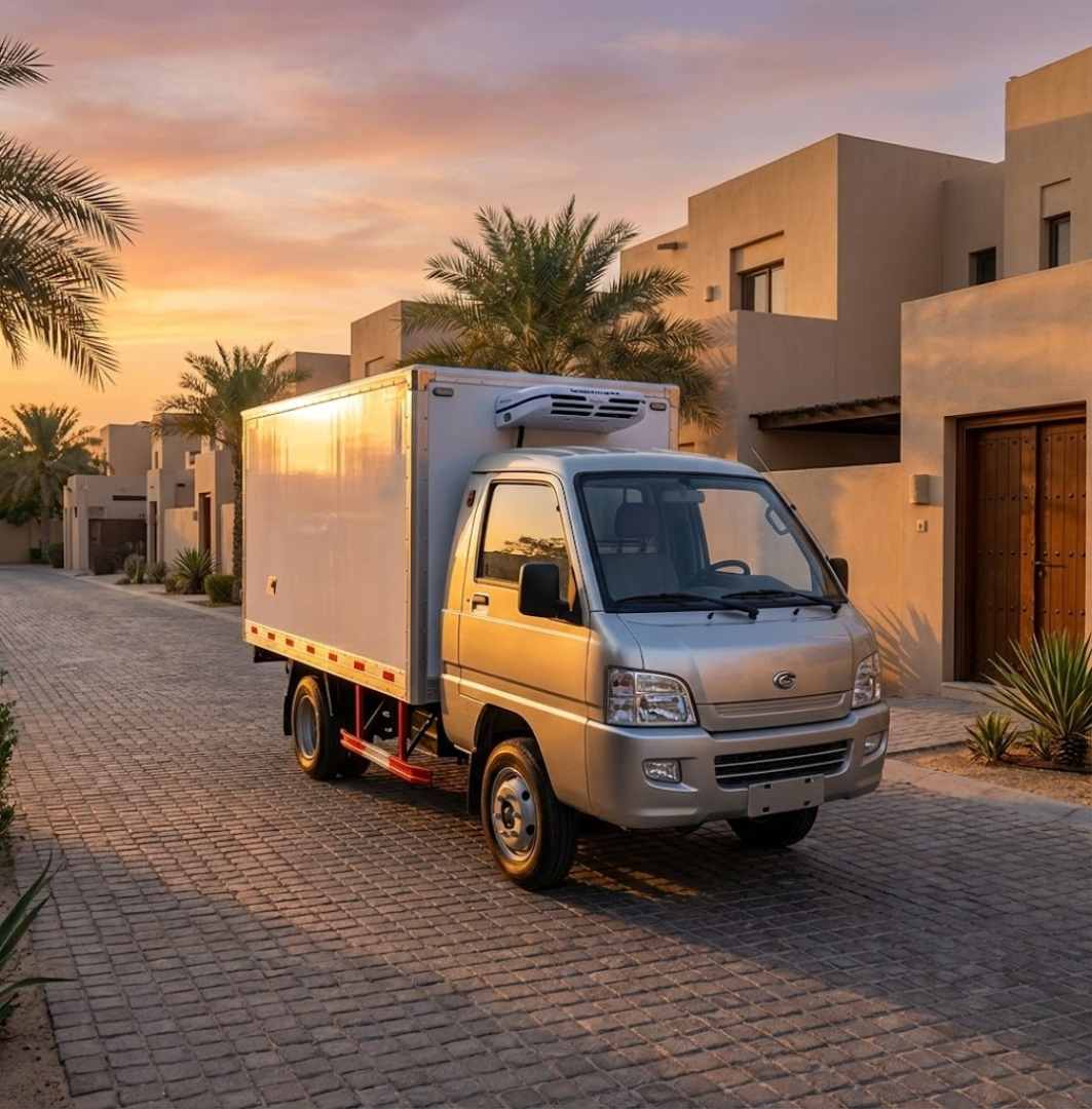 Silver delivery truck parked on a paved street with buildings and palm trees in the background.
