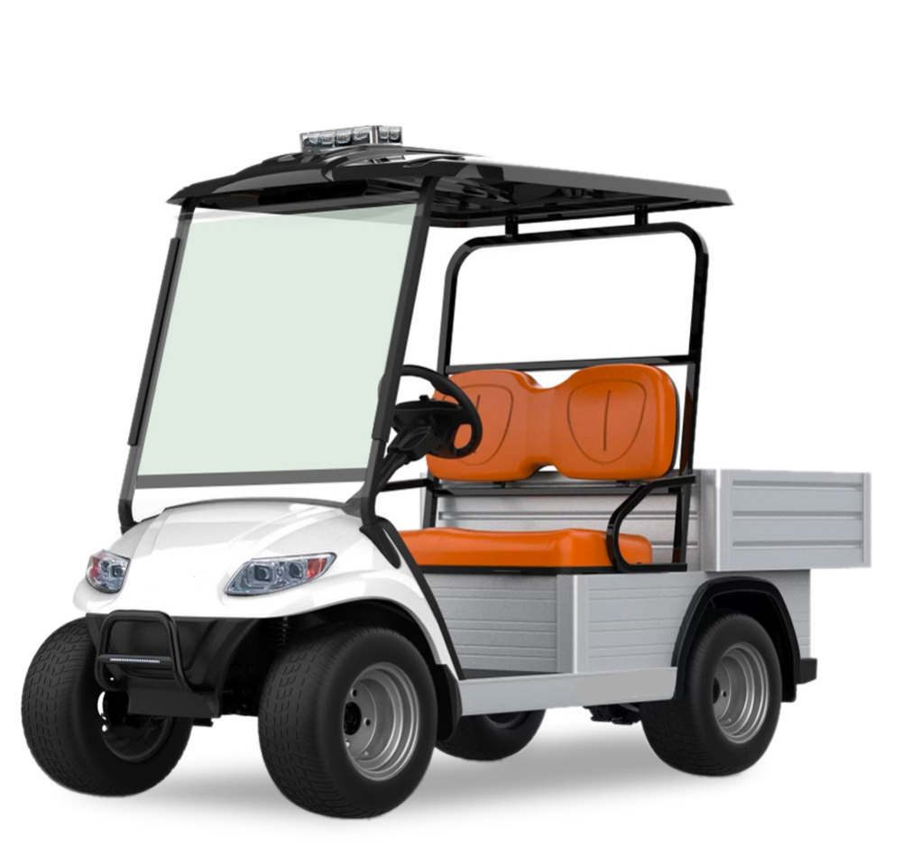 UAE golf cartz three-quarter front studio shot of a white utility electric vehicle with a black roof, set against a pure white background. This specialized two-seater work cart features bright orange seats, a silver aluminum rear cargo bed with drop-down sides, and a large windshield. The electric utility truck is equipped with a small light bar on the roof and silver utility wheels, highlighting its heavy-duty hauling and property maintenance function.