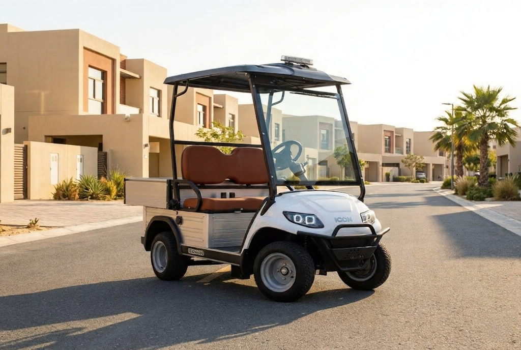 Golf cart on a paved road with buildings and palm trees in the background