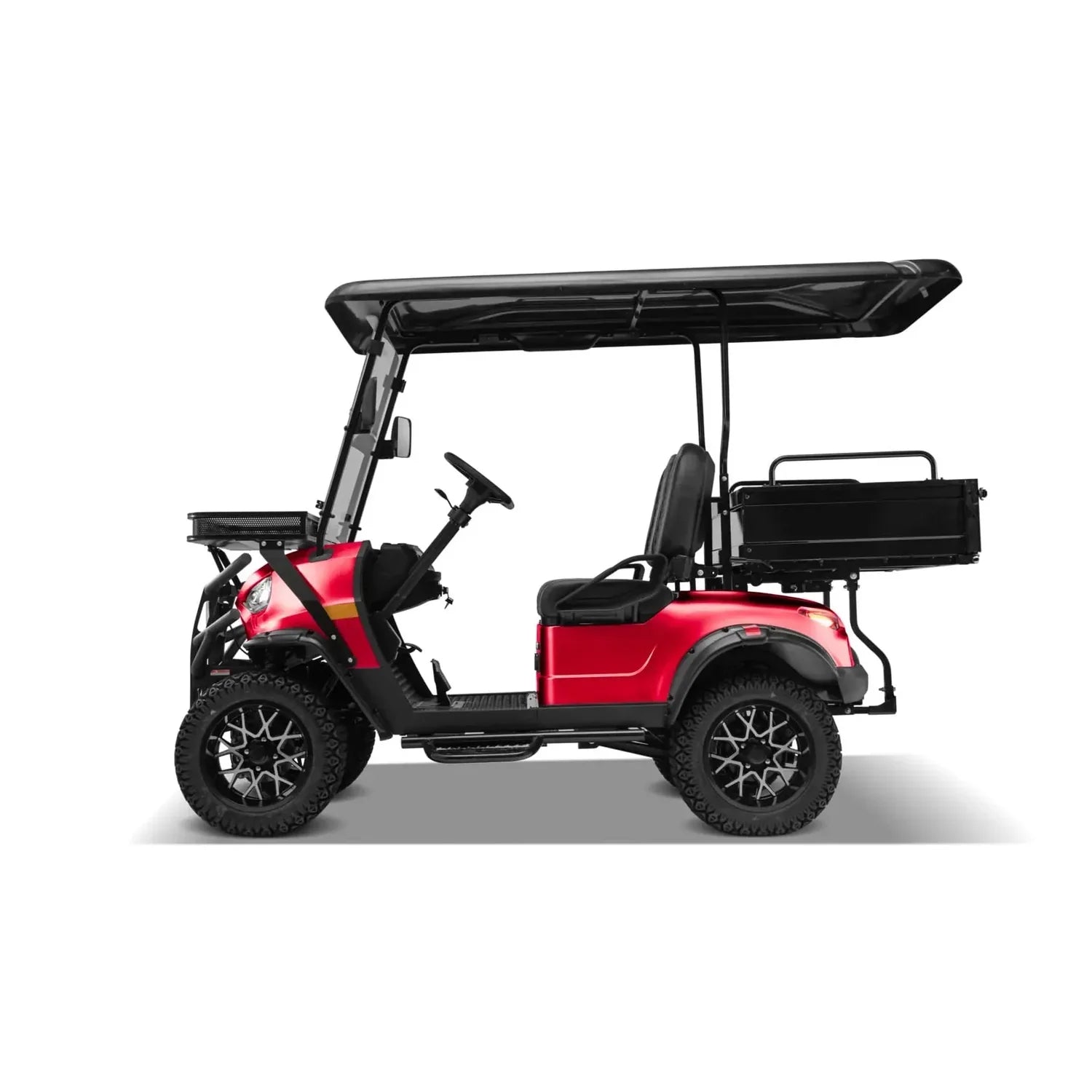 UAE golf cartz side profile studio shot of a red two-seater golf cart with a black roof and a large, black rear cargo box, set against a pure white background. This lifted off-road electric vehicle features black seats, a front cargo basket, and a black brush guard. The utility golf cart is equipped with knobby all-terrain tires on custom black alloy wheels with silver accents.