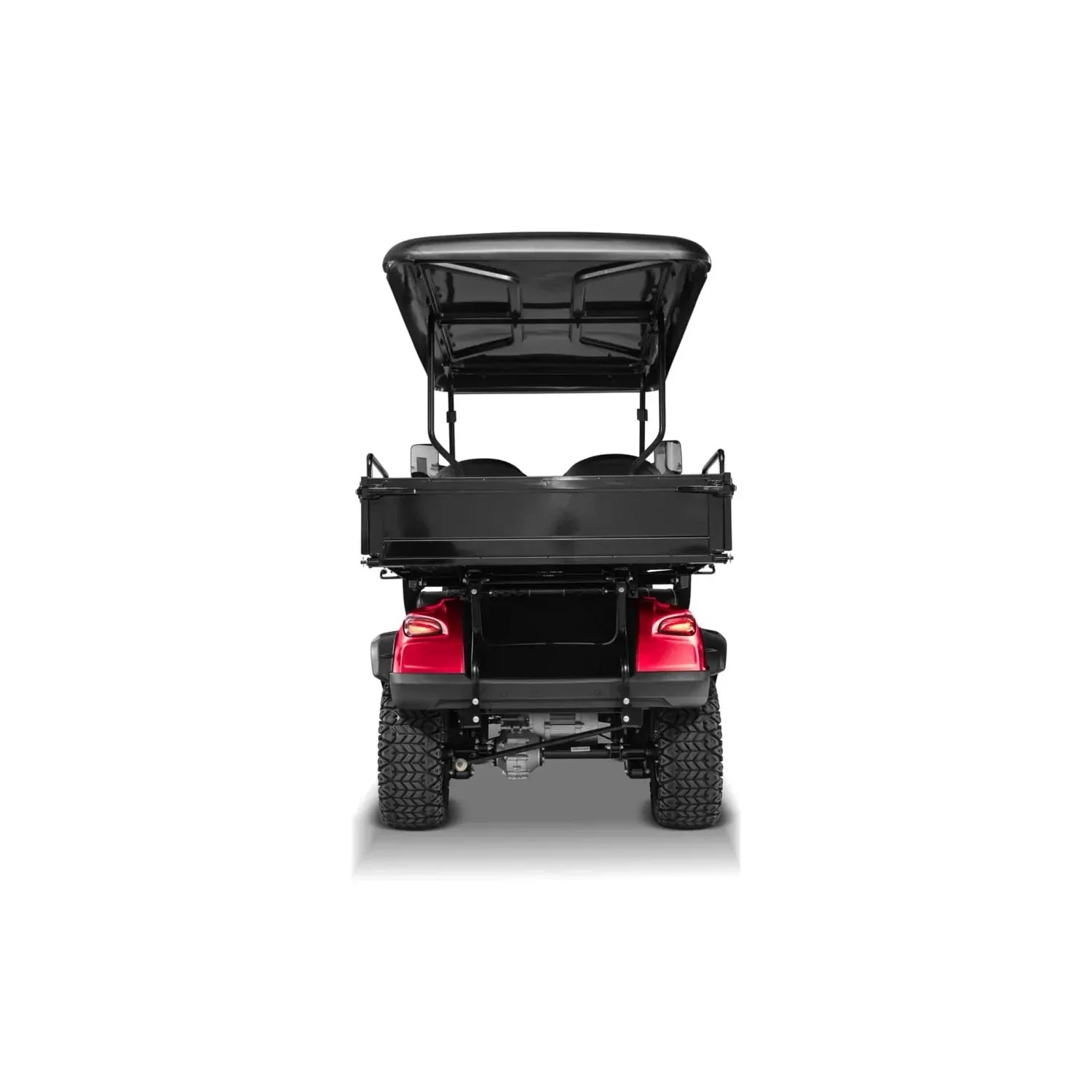 UAE golf cartz rear studio shot of a red two-seater utility golf cart with a black roof, set against a pure white background. The image prominently features a large, black rear cargo box or storage container mounted above the taillights. This lifted off-road electric vehicle is equipped with aggressive, knobby all-terrain tires, highlighting its use as a heavy-duty work cart or utility golf cart.