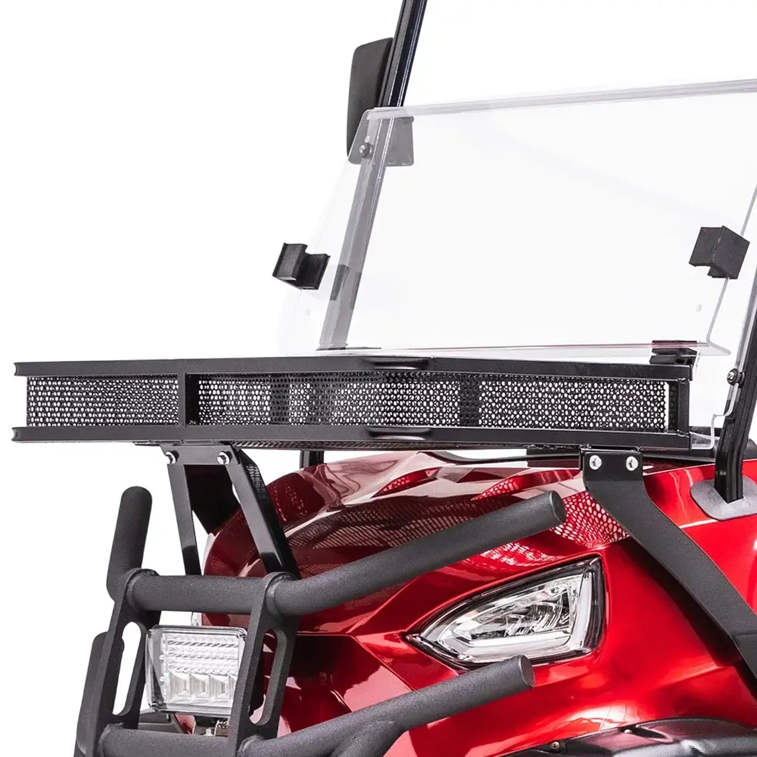 UAE golf cartz close-up detail of the front end accessories on a red utility golf cart. The image highlights the heavy-duty black tubular brush guard, a central LED light bar, and a perforated metal front cargo basket mounted above the red hood. The folding windshield is also visible, showcasing the rugged, accessorized design of the off-road electric vehicle.