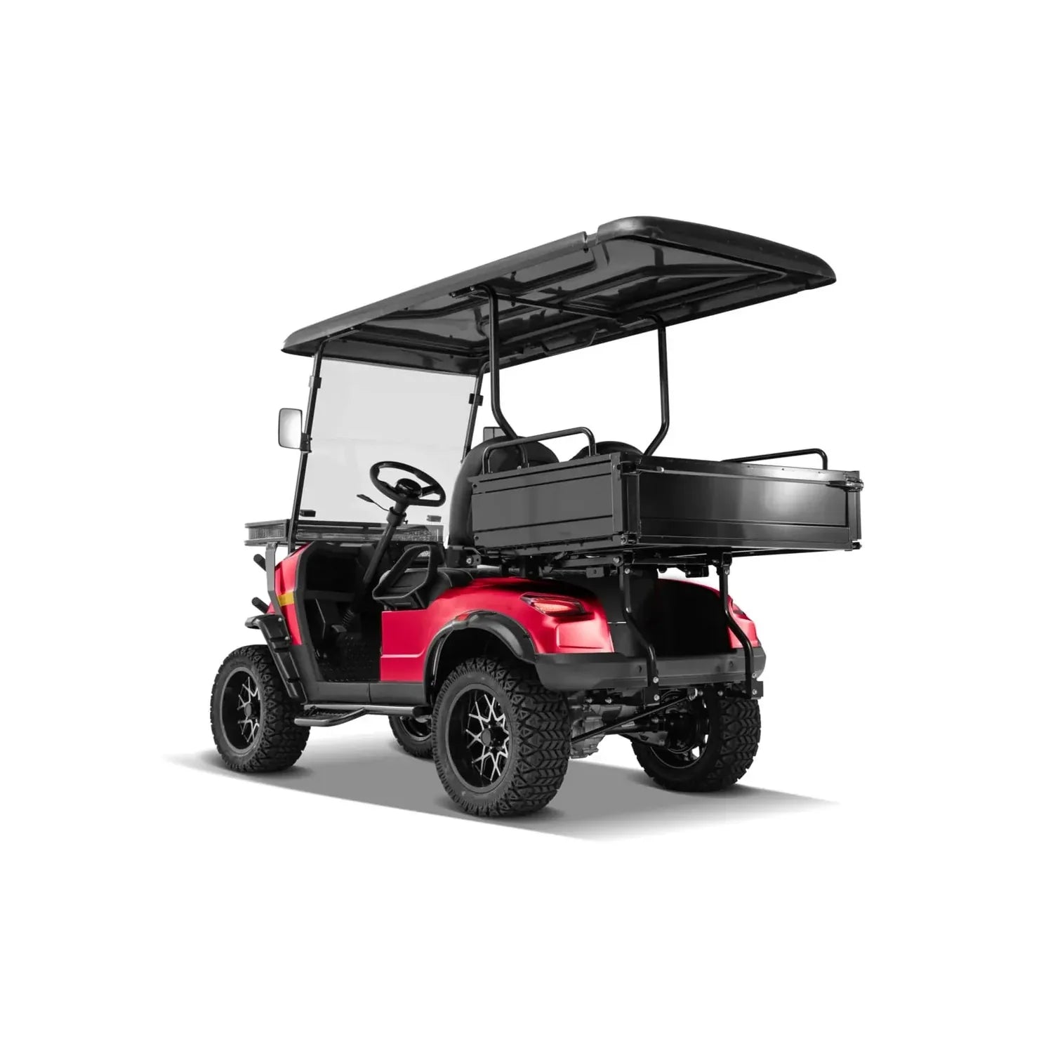 UAE golf cartz rear three-quarter studio shot of a red utility golf cart with a black roof, set against a pure white background. This lifted off-road electric vehicle features a black rear cargo box that appears to be a dump or tilting bed. The two-seater work cart is equipped with aggressive, knobby all-terrain tires on custom black and silver wheels, highlighting its heavy-duty utility cart design.