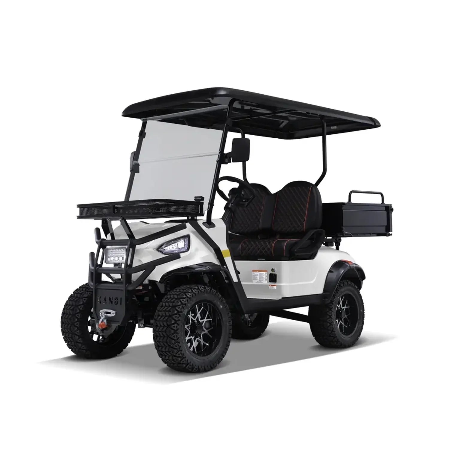 UAE golf cartz three-quarter front studio shot of a white two-seater lifted golf cart with a black roof, set against a pure white background. This off-road electric vehicle features black seats with red diamond stitching, a front cargo basket, a brush guard, and a small rear cargo box. The cart is equipped with aggressive, knobby all-terrain tires on custom black and silver wheels, emphasizing its rugged utility golf cart design.