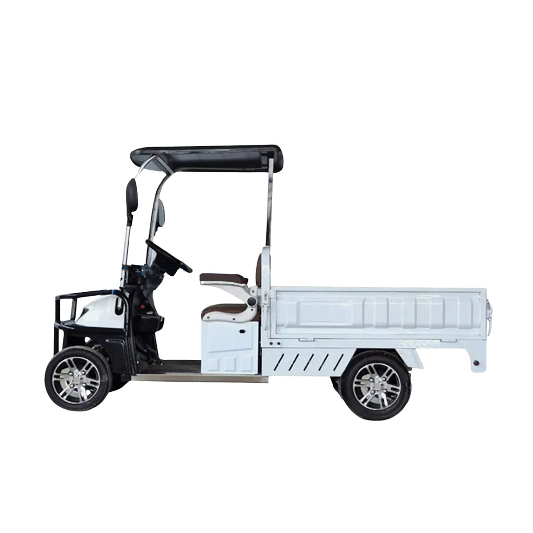 UAE golf cartz full side profile studio shot of a white utility electric vehicle with a long, flat rear cargo bed and a black roof, set against a pure white background. This two-seater electric work cart features a black trim around the cab and a brown and white seat. The electric utility truck has custom silver alloy wheels and is designed for efficient commercial hauling and logistics.