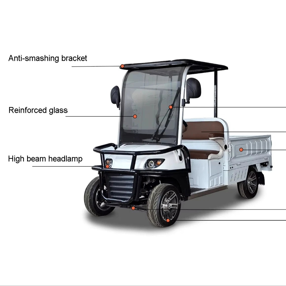 UAE golf cartz product diagram of a white two-seater utility electric vehicle with a flatbed, showing labeled key features against a white background. Labels point to the anti-smashing bracket on the roof, the reinforced glass windshield, and the high beam headlamp at the front, highlighting the safety and robust components of this electric work cart or utility golf cart.