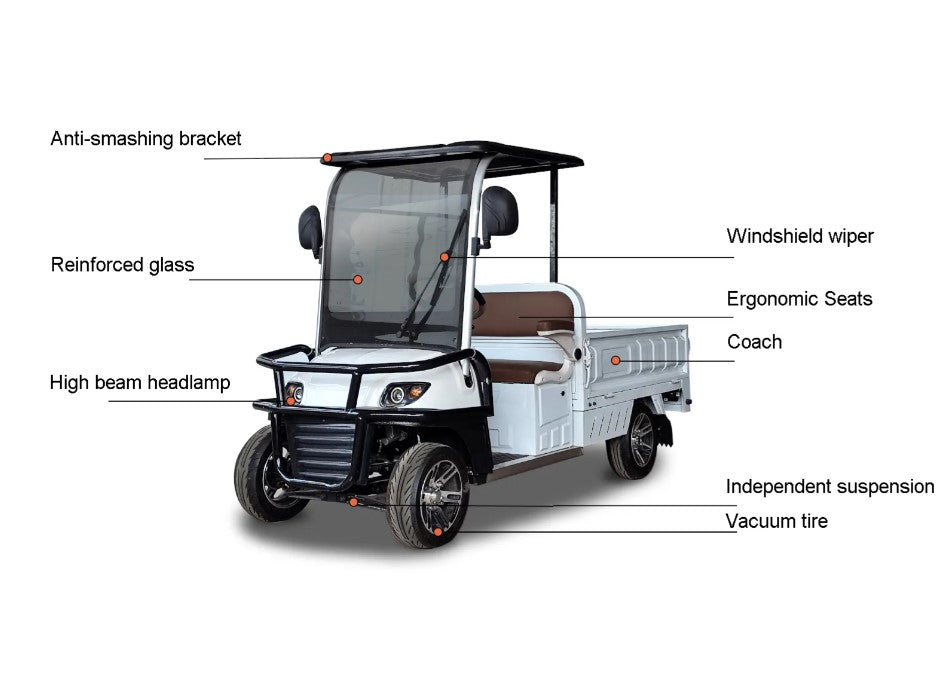UAE golf cartz diagram of a white two-seater utility electric vehicle with a flatbed, showing labeled key product features on a white background. Labels point to the anti-smashing bracket, reinforced glass windshield, windshield wiper, high beam headlamp, ergonomic seats, independent suspension, and vacuum tires, highlighting the robust design of the electric work cart.