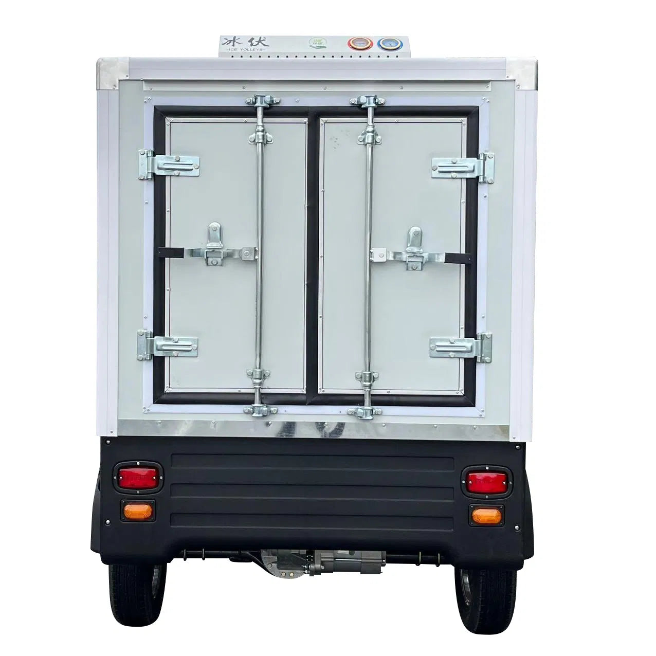 UAE golf cartz rear view studio shot of a white electric refrigerated delivery vehicle, set against a pure white background. The image prominently features the securely latched double rear doors of the insulated cargo box, with silver metal hardware and a black bumper below. The compact electric NEV or refrigerator work cart displays red and amber taillights, highlighting its function for cold chain last-mile delivery.