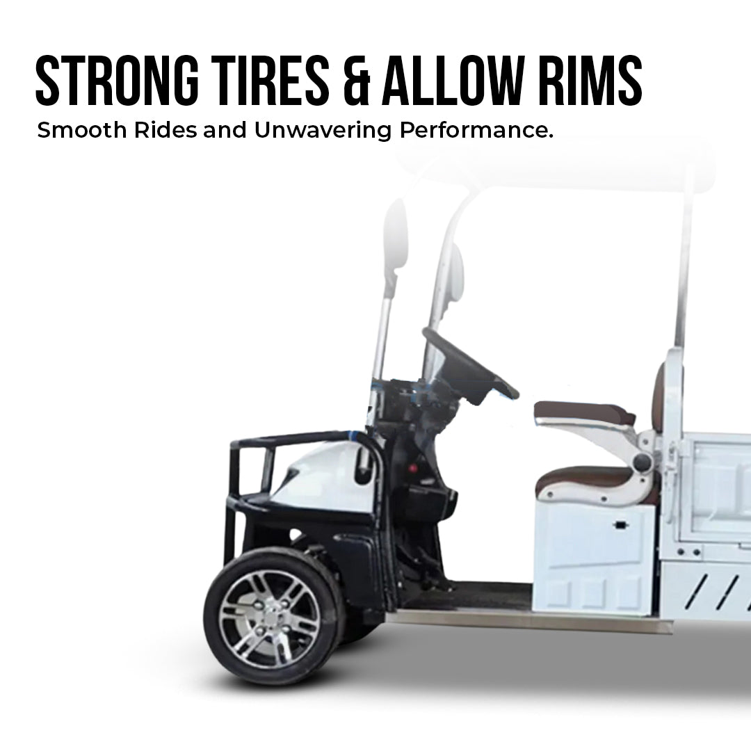 UAE golf cartz promotional image of the front driver's side of a white utility electric vehicle, showcasing the wheels and cabin area. The image highlights the strong tires and allow rims with the text headline "STRONG TIRES & ALLOW RIMS" and a subtitle "Smooth Rides and Unwavering Performance," emphasizing the quality wheels and tires of the work cart.