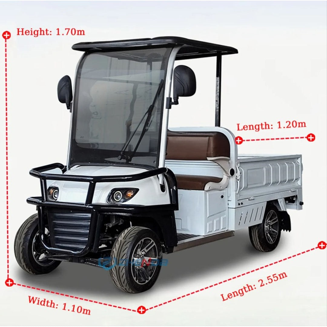 UAE golf cartz product diagram of a white utility electric vehicle with a flatbed, showing its dimensions with red measurement lines against a white background. The image specifies the work cart's key sizes: Height is 1.70m, Width is 1.10m, overall Length is 2.55m, and the rear cargo bed Length is 1.20m, detailing the compact size of the two-seater utility vehicle.