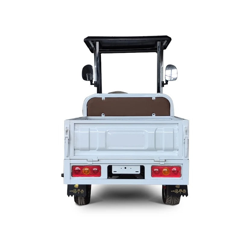 UAE golf cartz rear studio shot of a white utility electric vehicle with a flatbed, set against a pure white background. The image clearly shows the back of the work cart's cargo area, the large red and orange taillights, and the license plate mounting area. The black roof and the top of the brown seat backrest are visible, showcasing the vehicle's compact, two-seater utility design.