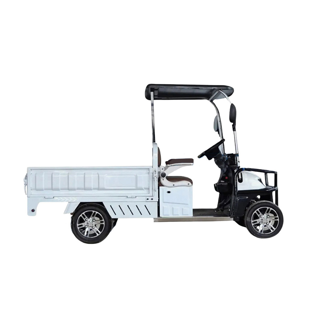 UAE gol.f cartz full side profile studio shot of a white utility electric vehicle with a long flatbed and drop-down sides, set against a pure white background. This two-seater work cart features a black roof, driver's cabin, and a long cargo bed. The electric vehicle has small, custom silver alloy wheels and is designed for commercial hauling and utility tasks.