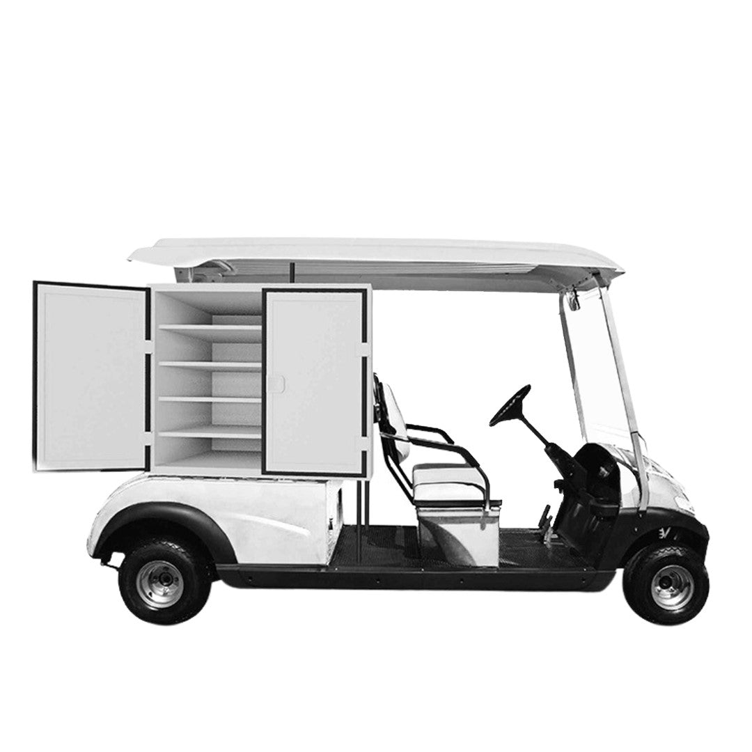 UAE golf cartz side profile studio shot of a white two-seater utility golf cart with a white roof, set against a pure white background. This specialized electric work cart features a unique rear compartment with double storage cabinets open to reveal multiple internal shelving units, highlighting its use as a maintenance or service vehicle for resort or industrial properties