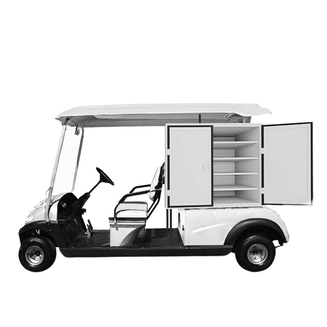 UAE golf cartz side profile studio shot of a white and black two-seater utility golf cart with a white roof, presented in black and white against a pure white background. This specialized electric work cart features a unique rear compartment with double storage cabinets open to reveal multiple internal shelving units, highlighting its use as a maintenance or service vehicle for resort or industrial properties.