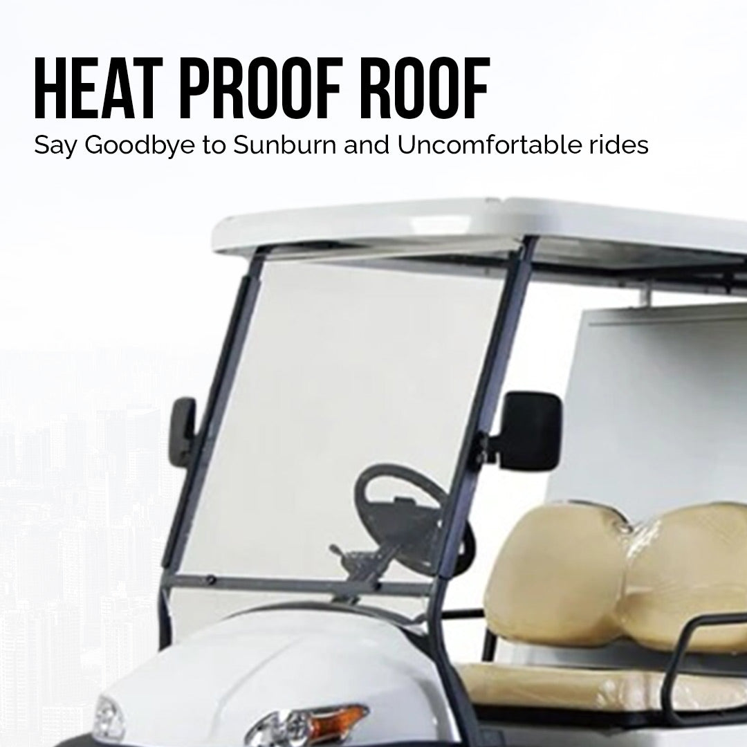UAE golf cartz promotional image highlighting the heat proof roof on a white two-seater utility golf cart. The shot focuses on the white roof and the clear windshield, with text promoting the heat proof roof for comfort and sun protection. The image shows the tan seats of the electric work cart, emphasizing this key comfort feature for the service vehicle.