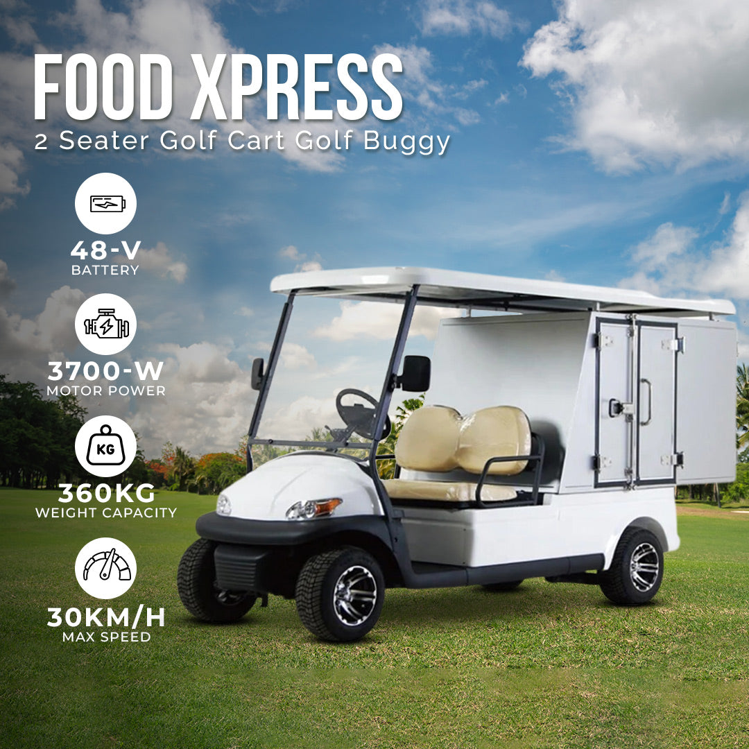 UAE golf cartz promotional image of a white electric food delivery golf cart labeled "FOOD XPRESS," parked on a grassy field under a sunny, blue sky. This two-seater food service buggy features tan seats and a white rear compartment with a silver access door. Key specifications displayed are the 48-V battery, 3700-W motor power, 360KG weight capacity, and 30KM/H max speed, highlighting its efficiency for food delivery and commercial use.