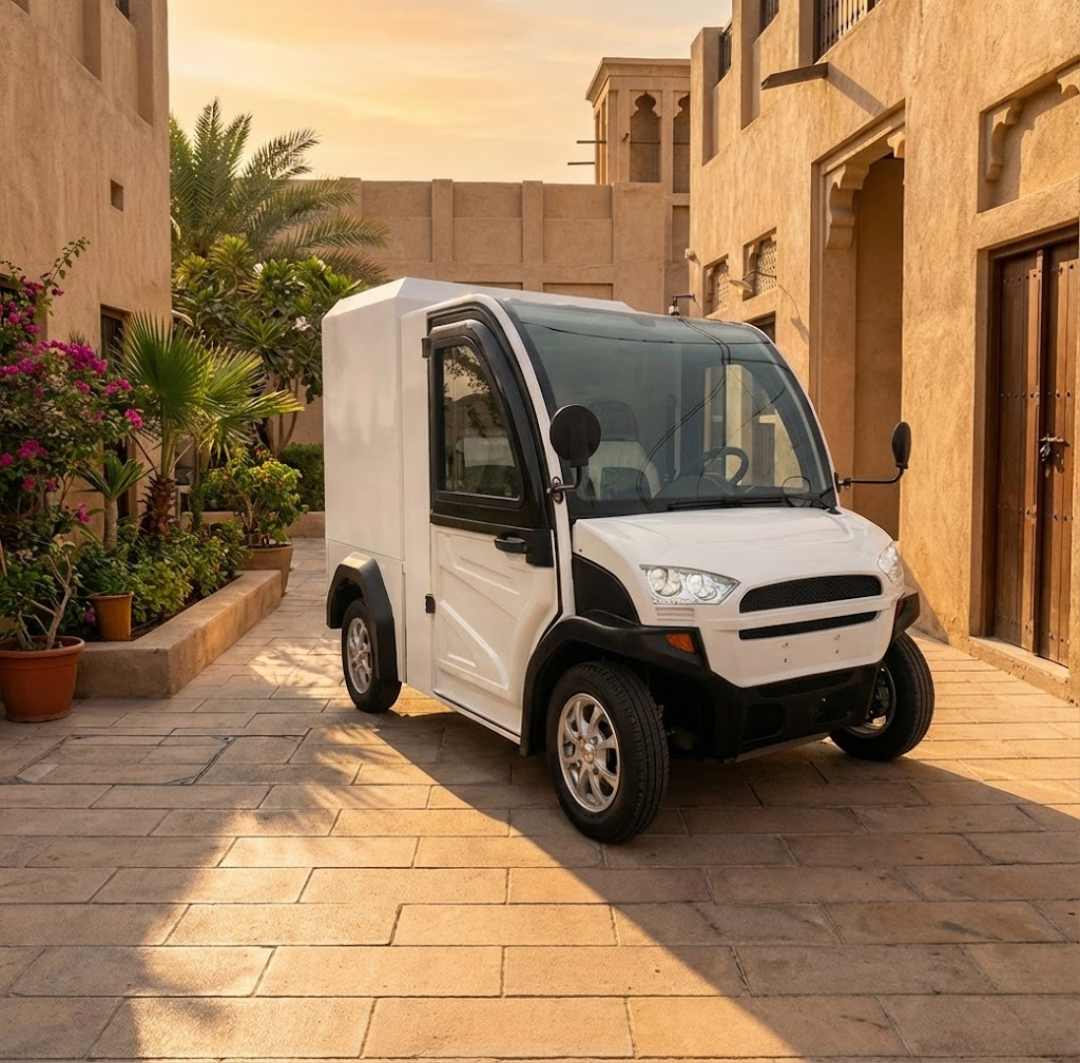 UAE golf cart three-quarter front studio shot of a white enclosed electric delivery vehicle with a large rear cargo box, set against a pure white background. This two-seater commercial NEV or electric utility truck features a modern front end, black trim, and small, multispoke silver alloy wheels. The vehicle is designed for efficient last-mile delivery and urban logistics.