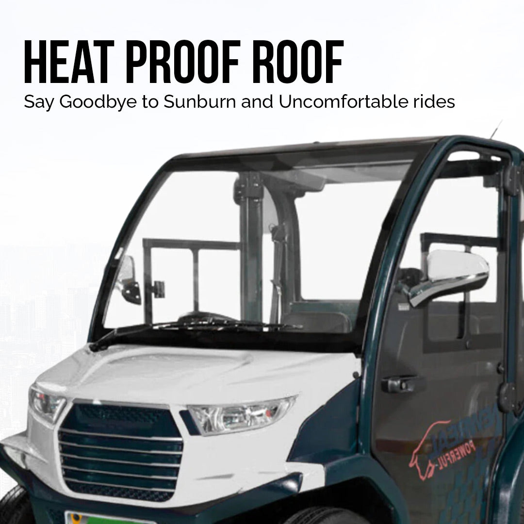 UAE golf cartz close-up promotional image highlighting the heat proof roof on a compact electric vehicle with an enclosed cabin. The shot shows the front windshield and the white and dark green-blue exterior, with text promoting the heat proof roof for comfort and sun protection. This view emphasizes the all-weather capability of the two-seater electric car or NEV.
