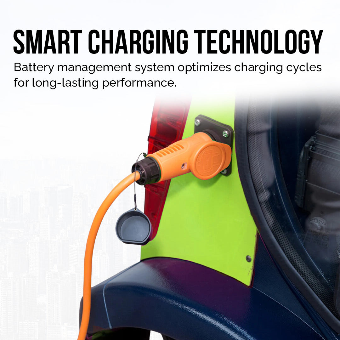 UAE golf cartz close-up promotional image highlighting the smart charging technology of the electric vehicle. The image focuses on an orange charging plug and cable connected to the side port of the dark blue and green-yellow cart body. Text on the image explains that the battery management system optimizes charging cycles for long-lasting battery performance in the electric car.