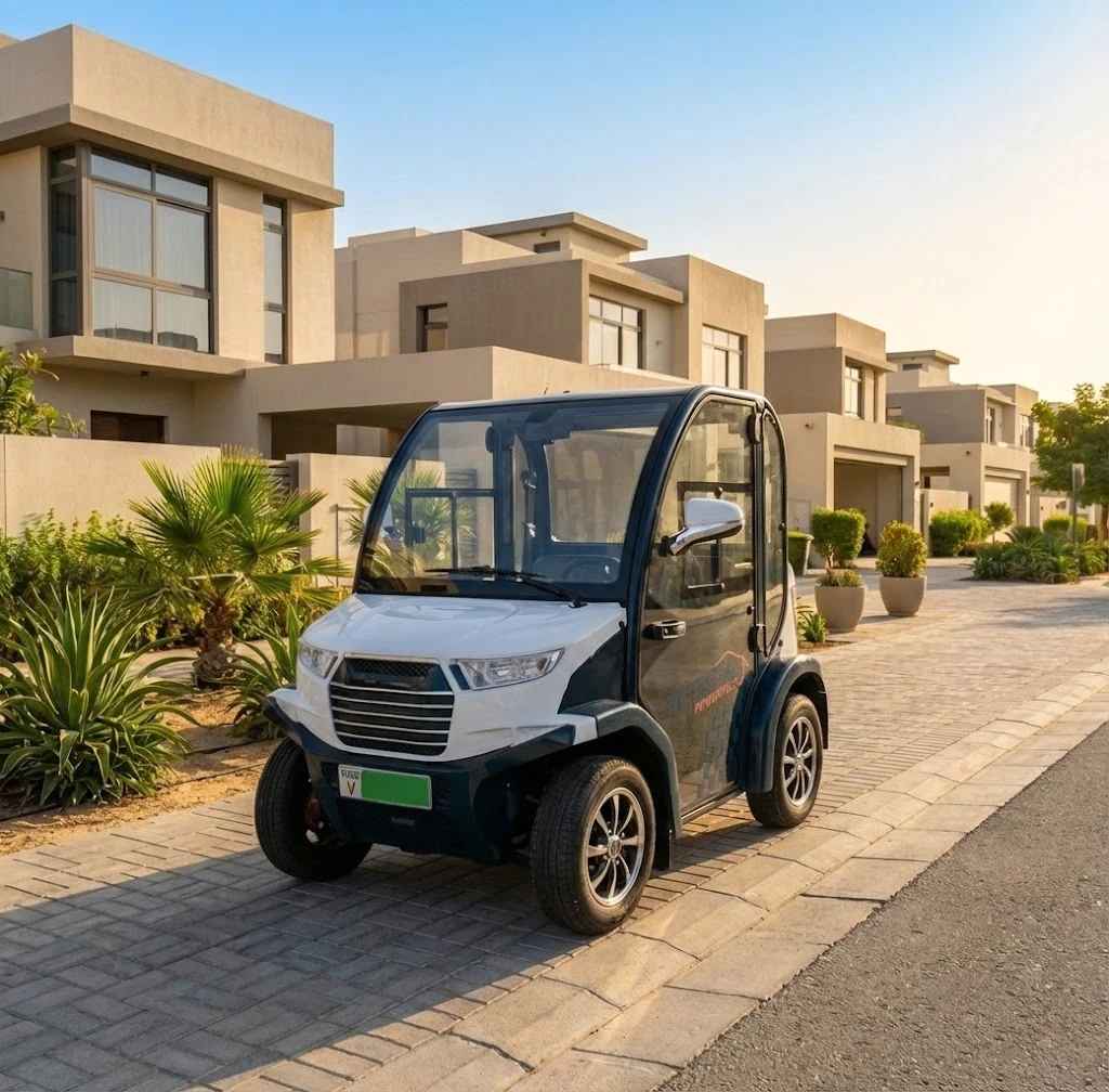 Electric golf cart on a paved driveway in a residential area with modern houses and palm trees.
