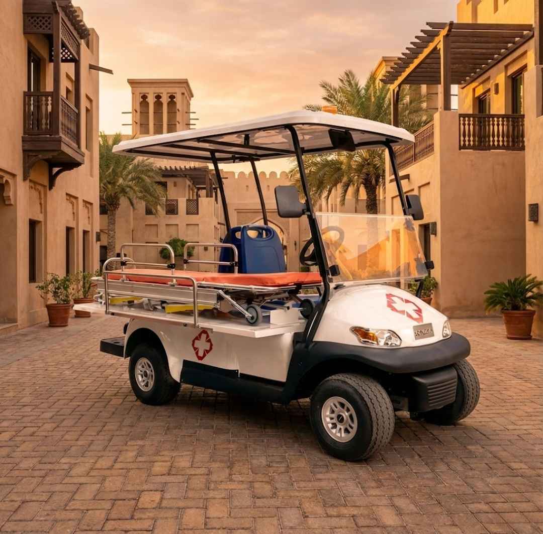 White golf cart with emergency equipment in a courtyard setting
