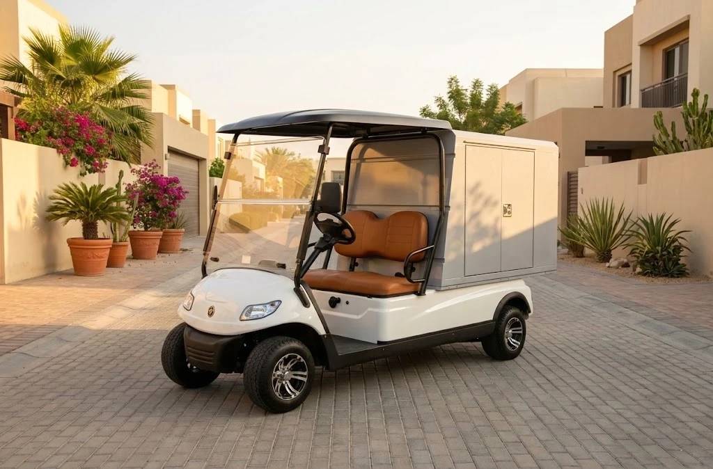 White golf cart with brown seat parked on a paved area with buildings and plants in the background.