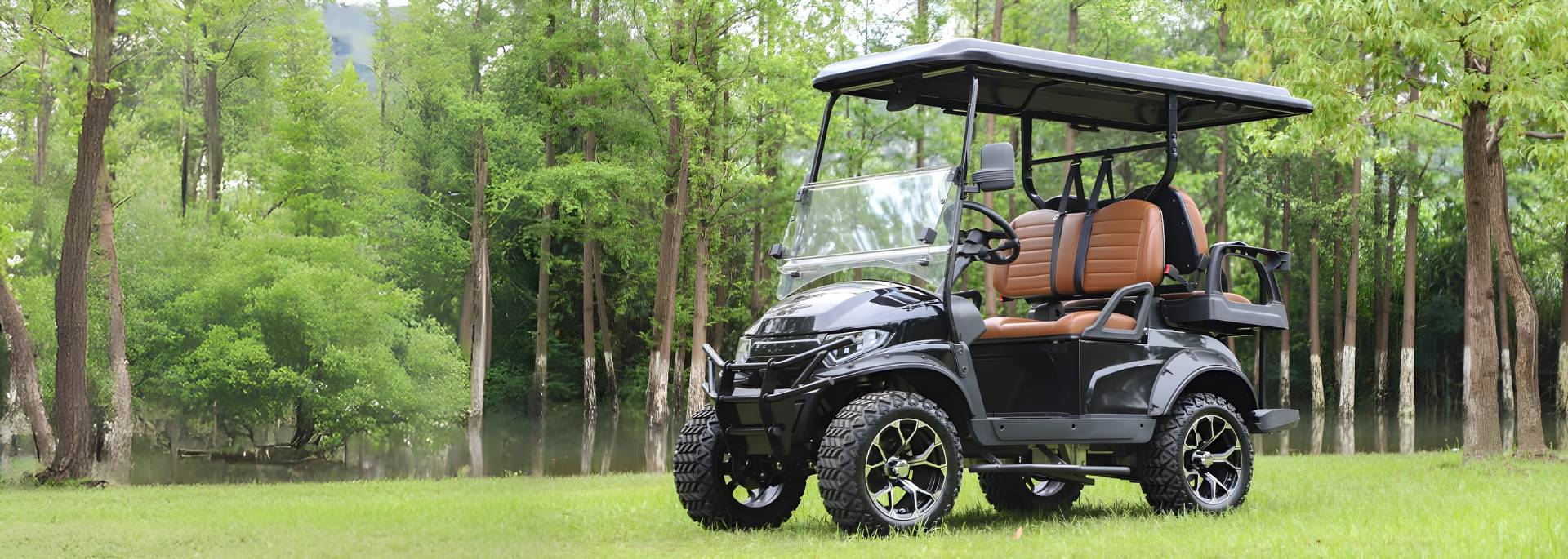 Black golf cart with brown seats in a forest setting
