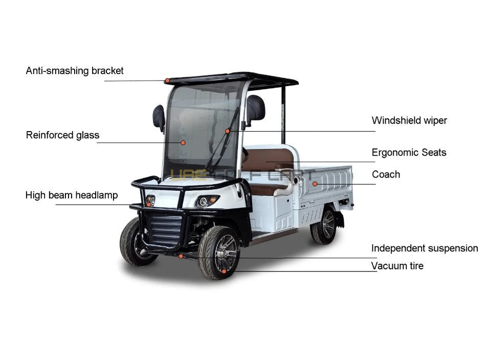 2 Seater Utility Golf Cart with Long Cargo Box and 60V Battery - Utility Golf Carts - 2 Seater - Close Up | UAE Golf Cart
