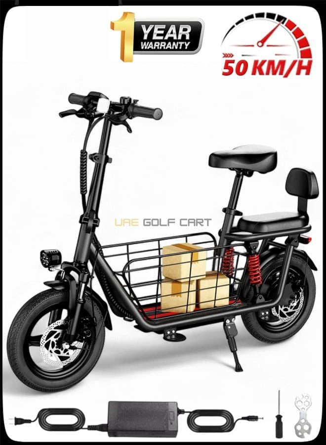 48V Electric Scooter with Dual Seats, Basket, 500W Hub Motor, 22 MPH, 25 Mile Range - Electric Bikes - Close Up | UAE Golf Cart