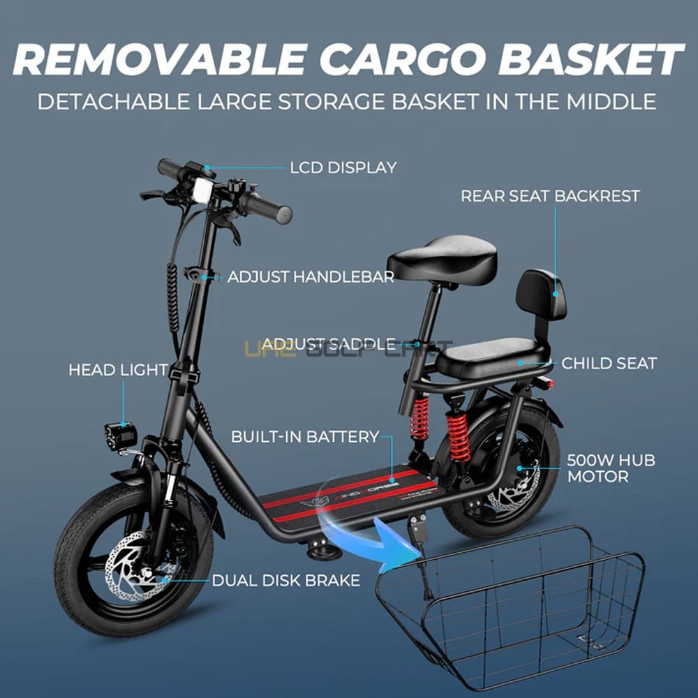 48V Electric Scooter with Dual Seats, Basket, 500W Hub Motor, 22 MPH, 25 Mile Range - Electric Bikes - Photo 7 | UAE Golf Cart