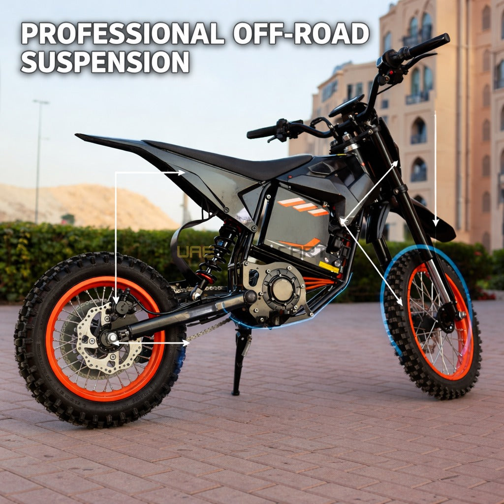 60V 3600W Electric Dirt Bike with 70 km/h Top Speed, 23.4Ah Battery, Steel Frame, 140mm Front Suspension - Electric Dirt Bikes - Close Up | UAE Golf Cart