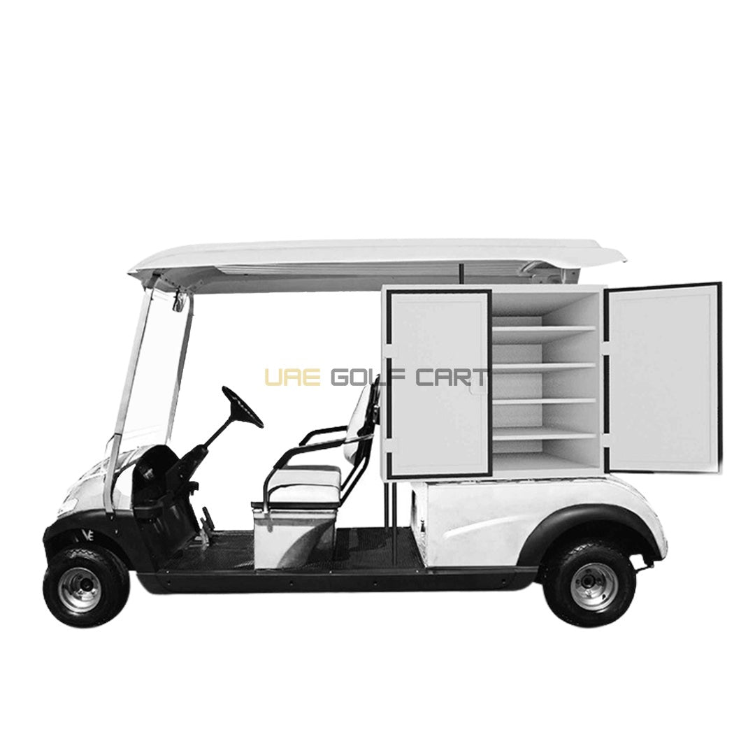 Electric Food Vending Golf Cart with Refrigerated Storage and Display Cases - Utility Golf Carts - 2 Seater - Close Up | UAE Golf Cart