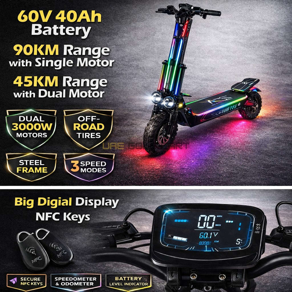 Electric Scooter 60V 40Ah Dual Motor 6000W 90 km/h Foldable Off-road 13" Tires - Foldable Electric Scooters - Photo 4 | UAE Golf Cart