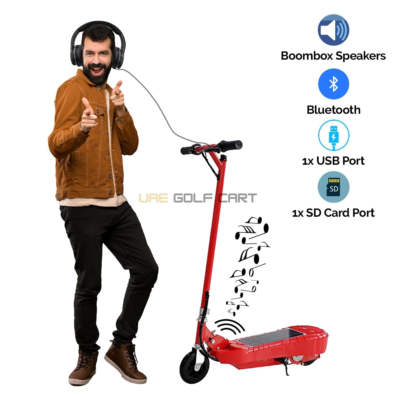 Foldable Solar Powered Electric Scooter with Bluetooth Boombox, 15 km/h Speed, 90 kg Load, 17 kg Weight - Foldable Electric Scooters - Close Up | UAE Golf Cart