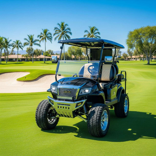 Golf cart on a golf course with palm trees in the background