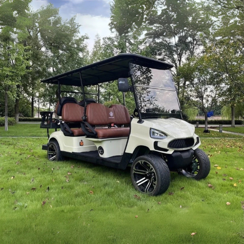 Golf cart on a grassy area with trees in the background