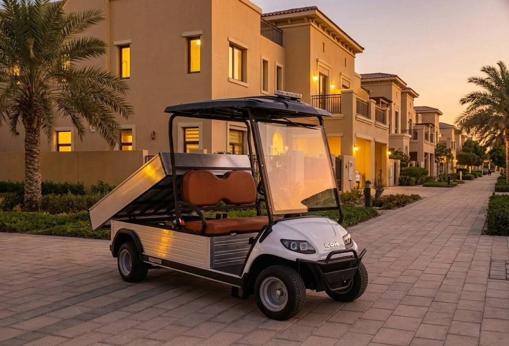 Golf cart on a paved path in front of a building with palm trees