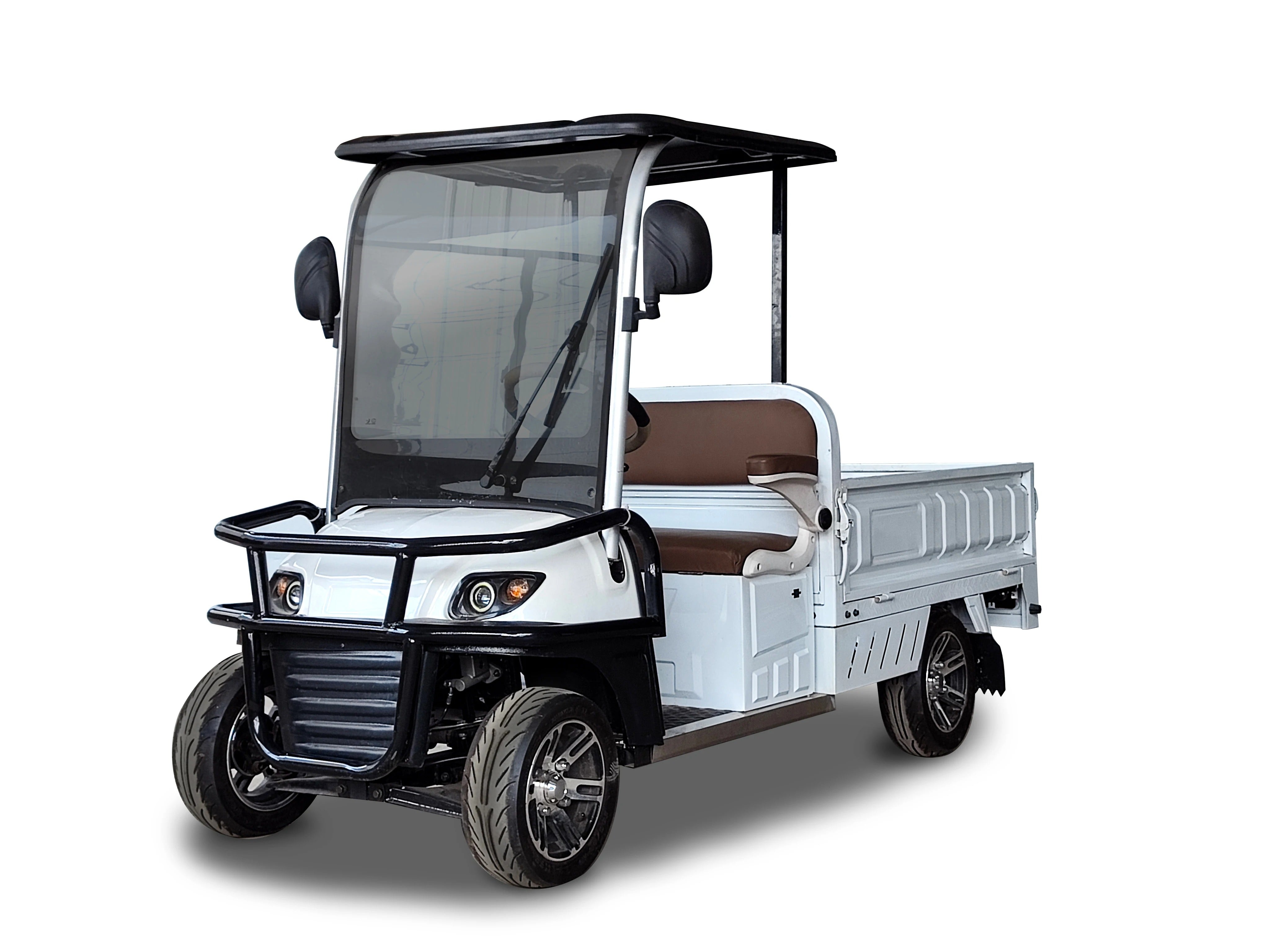 UAE golf cartz three-quarter front studio shot of a white utility electric vehicle with a short flatbed, set against a pure white background. This two-seater electric work cart features a black roof, a tall windshield with a wiper, a robust black front brush guard, and brown and white seats. The electric utility truck is equipped with small, custom alloy wheels and is designed for efficient hauling and logistics.